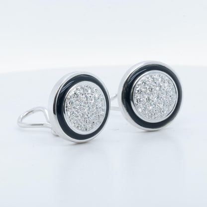 18k White Gold Pave Diamond Black Enamel Halo Clip-On Earrings 1.0ctw G VS 13.2g