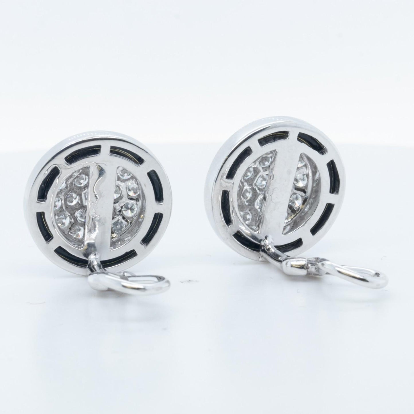 18k White Gold Pave Diamond Black Enamel Halo Clip-On Earrings 1.0ctw G VS 13.2g