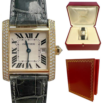 Cartier Tank Francaise 2466 18k Gold Diamond Bezel Green Strap Watch BOX PAPERS