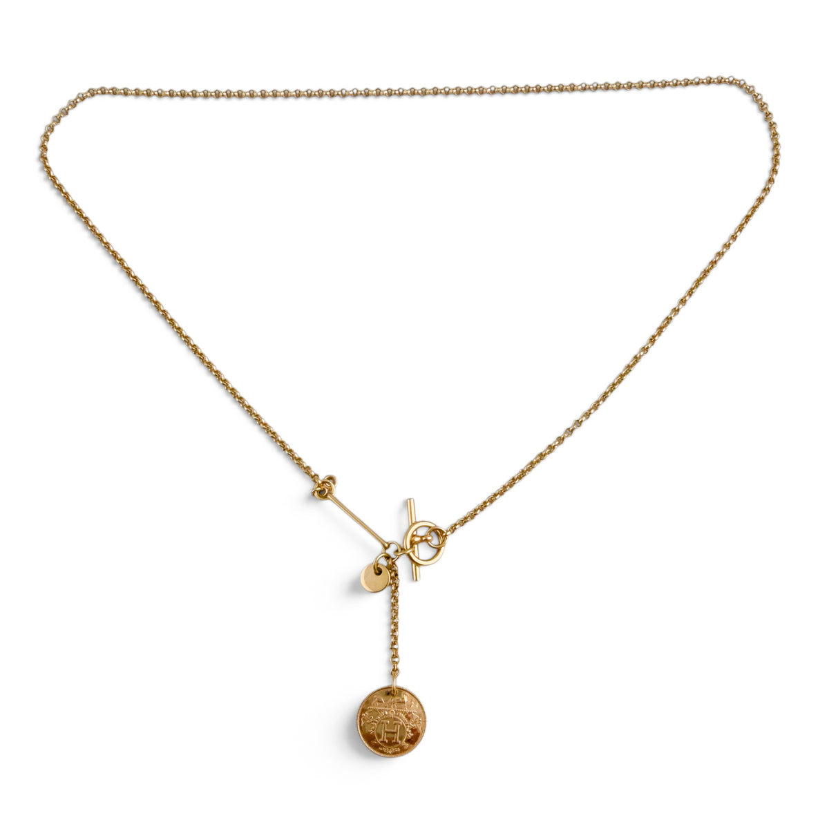 Hermes Ex Libris Small Diamond Pendant 18k Yellow Gold Toggle Necklace 16"