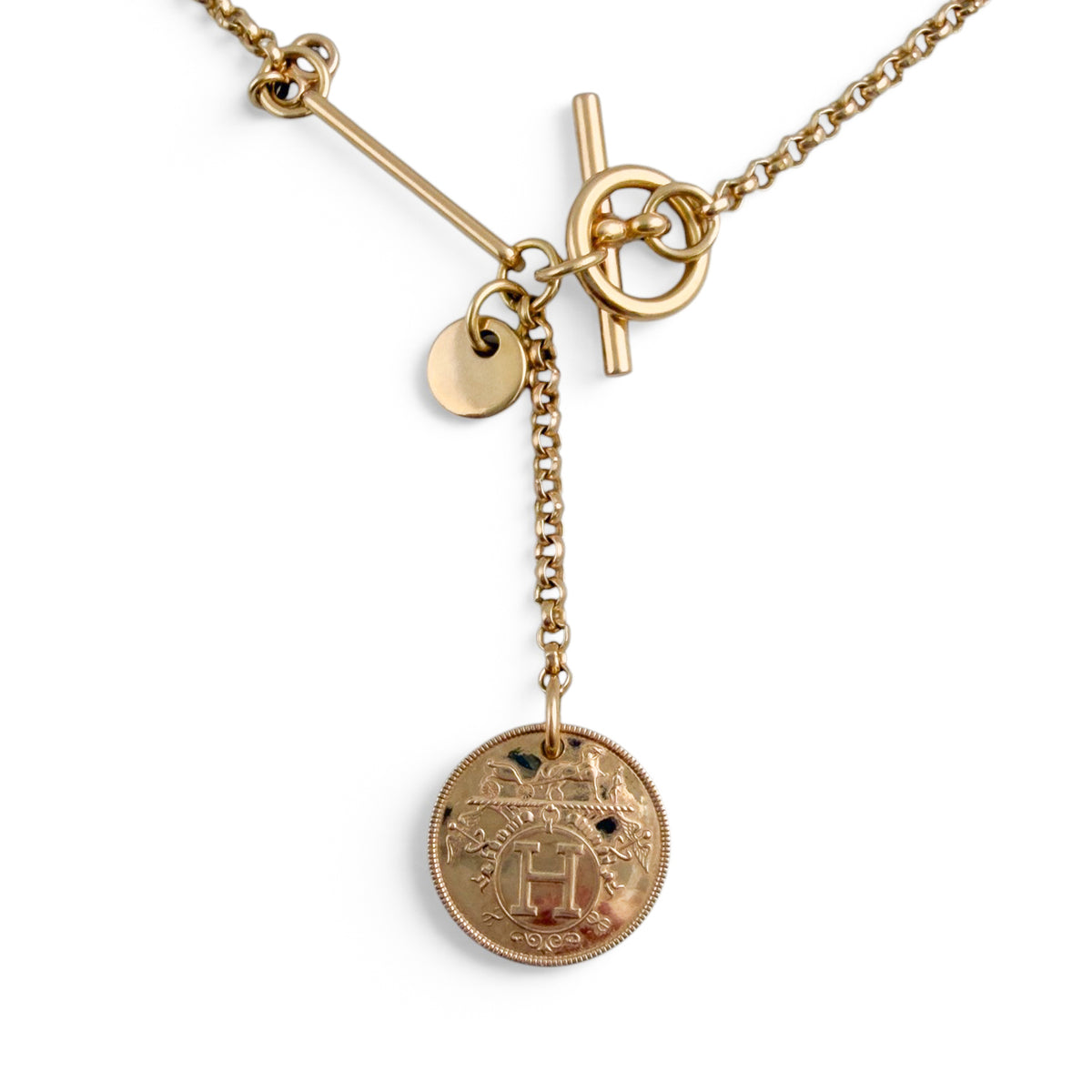 Hermes Ex Libris Small Diamond Pendant 18k Yellow Gold Toggle Necklace 16"