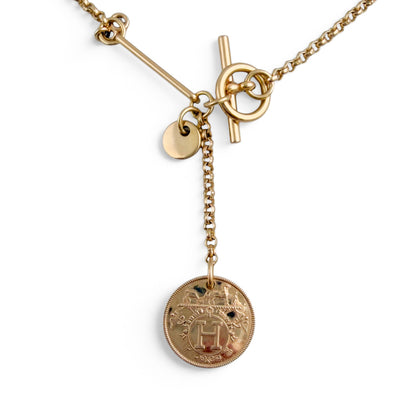 Hermes Ex Libris Small Diamond Pendant 18k Yellow Gold Toggle Necklace 16"