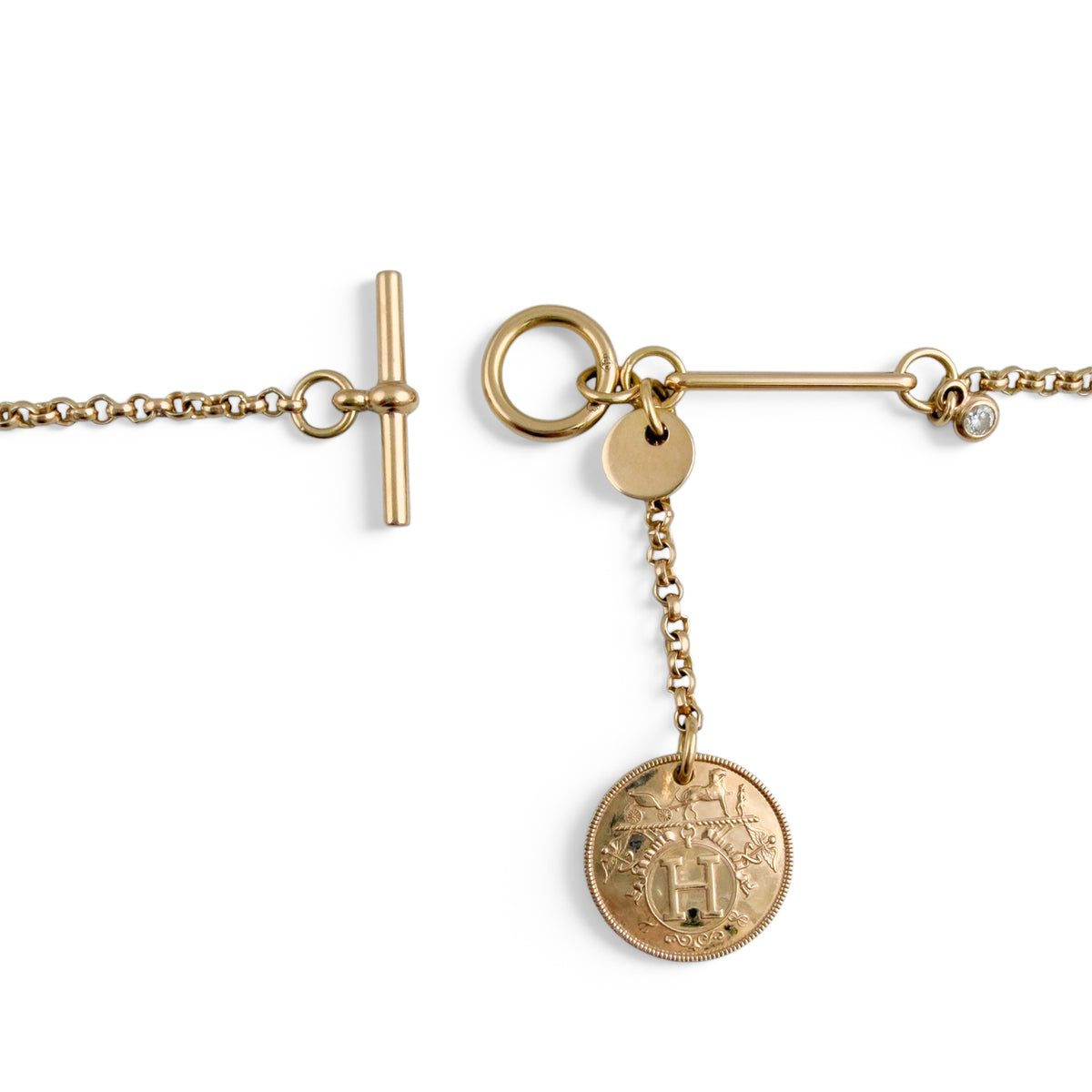 Hermes Ex Libris Small Diamond Pendant 18k Yellow Gold Toggle Necklace 16"