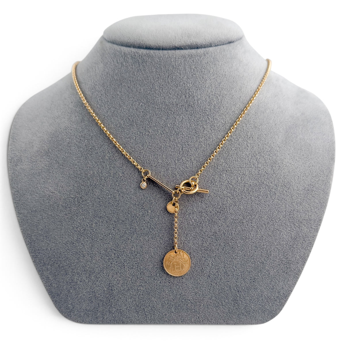 Hermes Ex Libris Small Diamond Pendant 18k Yellow Gold Toggle Necklace 16"