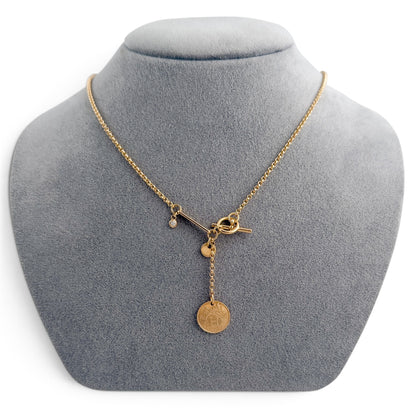 Hermes Ex Libris Small Diamond Pendant 18k Yellow Gold Toggle Necklace 16"