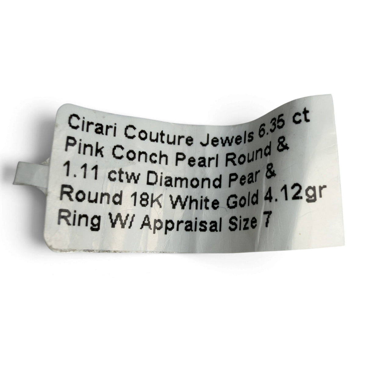 Cirari Couture 18k White Gold 6.35ct Pink Conch Pearl Pear Diamond Ring Size 7