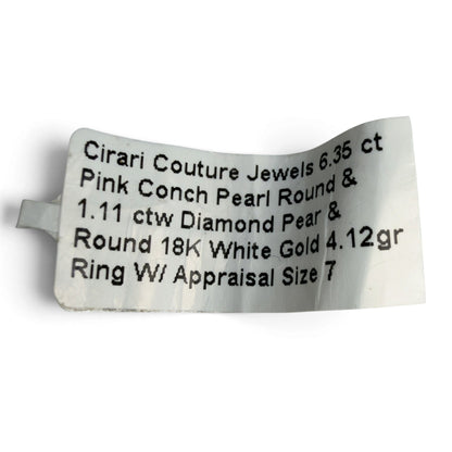 Cirari Couture 18k White Gold 6.35ct Pink Conch Pearl Pear Diamond Ring Size 7