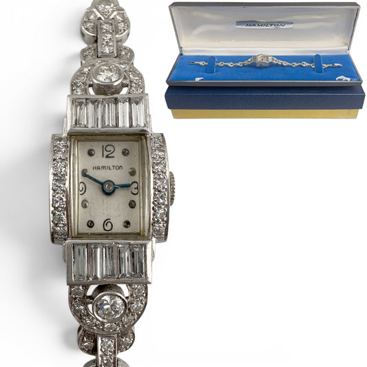 Hamilton Platinum Diamond 14mm Ladies Rectangular Cocktail Dress Watch 1.96ctw