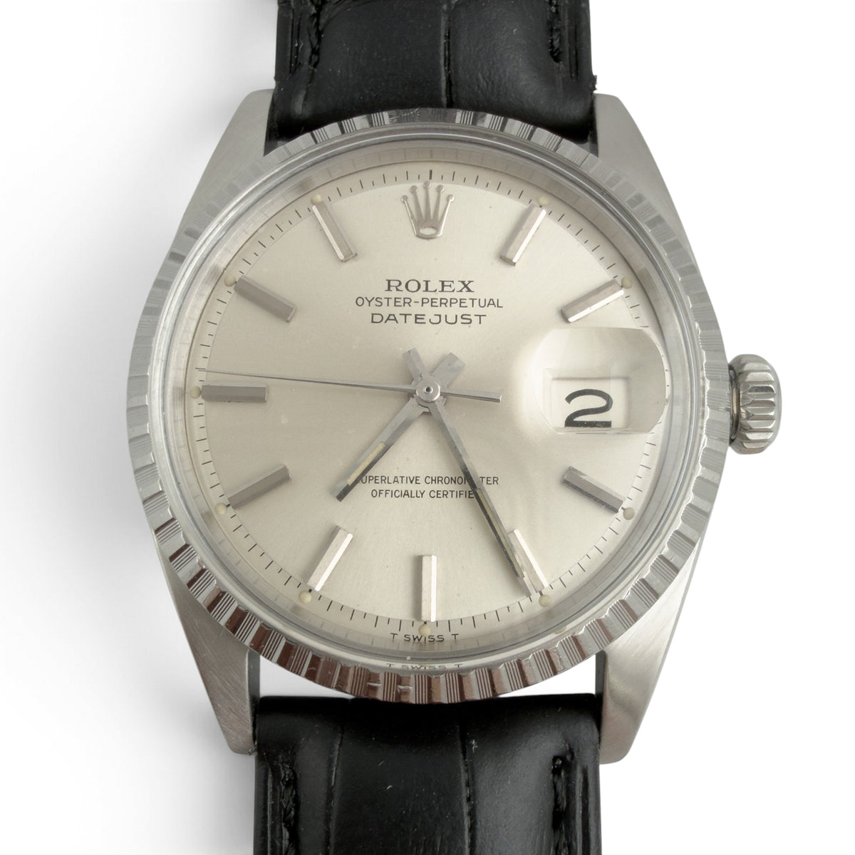 1966 Rolex DateJust 1603 36mm Stainless Steel Watch w/ Black Leather Strap