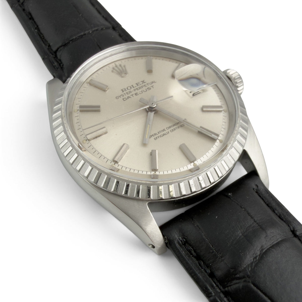 1966 Rolex DateJust 1603 36mm Stainless Steel Watch w/ Black Leather Strap
