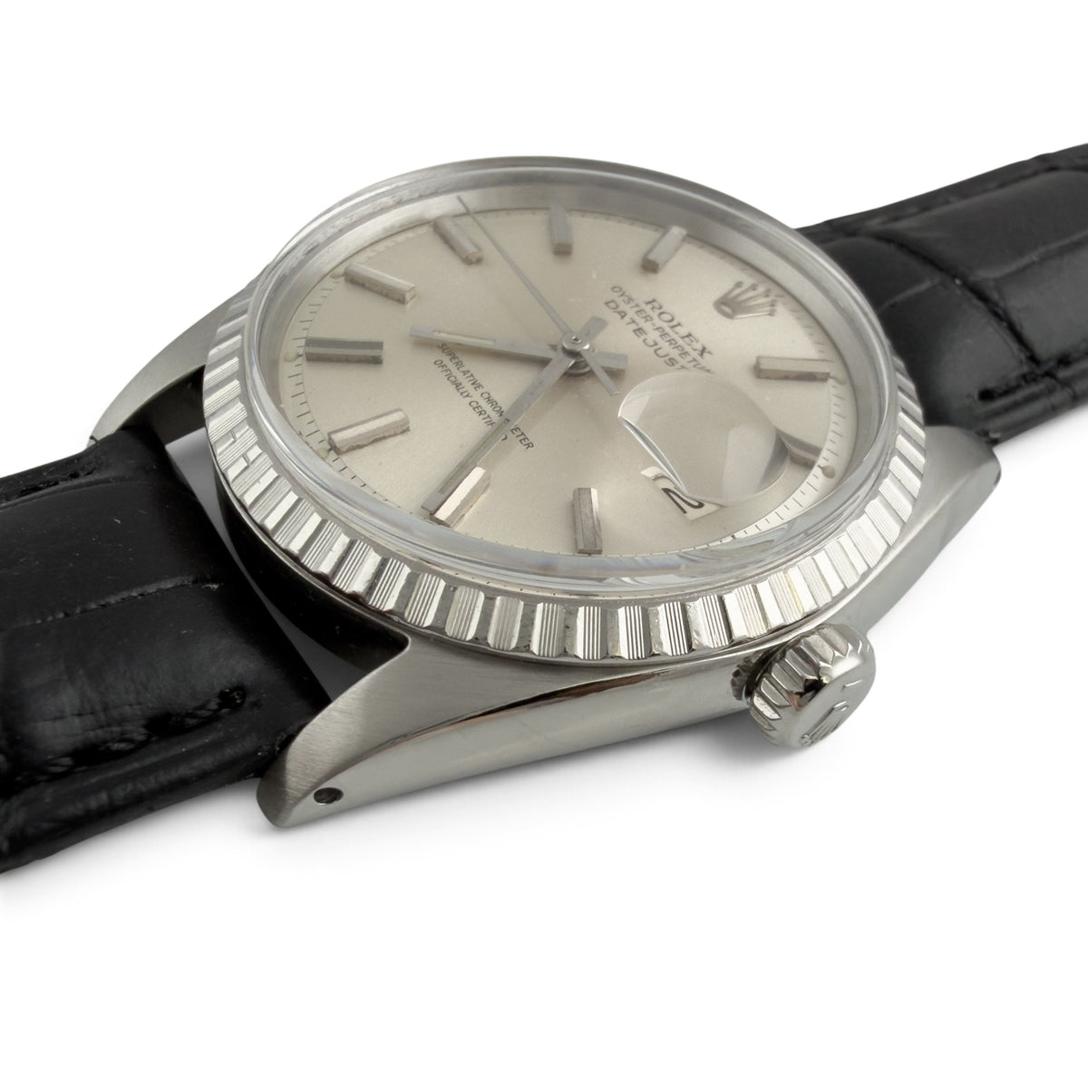 1966 Rolex DateJust 1603 36mm Stainless Steel Watch w/ Black Leather Strap