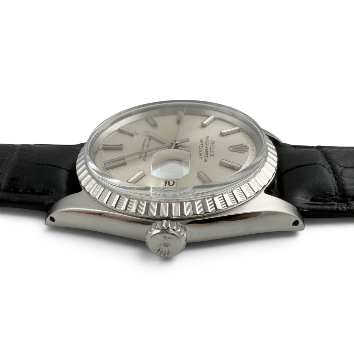 1966 Rolex DateJust 1603 36mm Stainless Steel Watch w/ Black Leather Strap