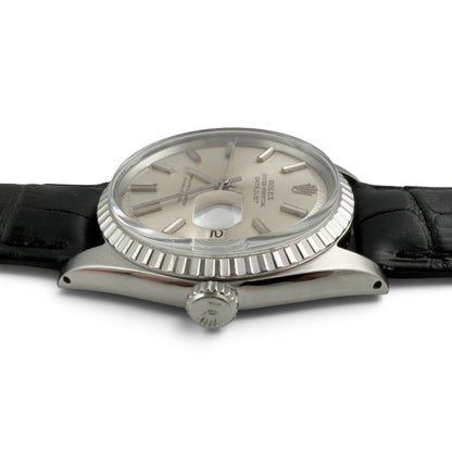 1966 Rolex DateJust 1603 36mm Stainless Steel Watch w/ Black Leather Strap