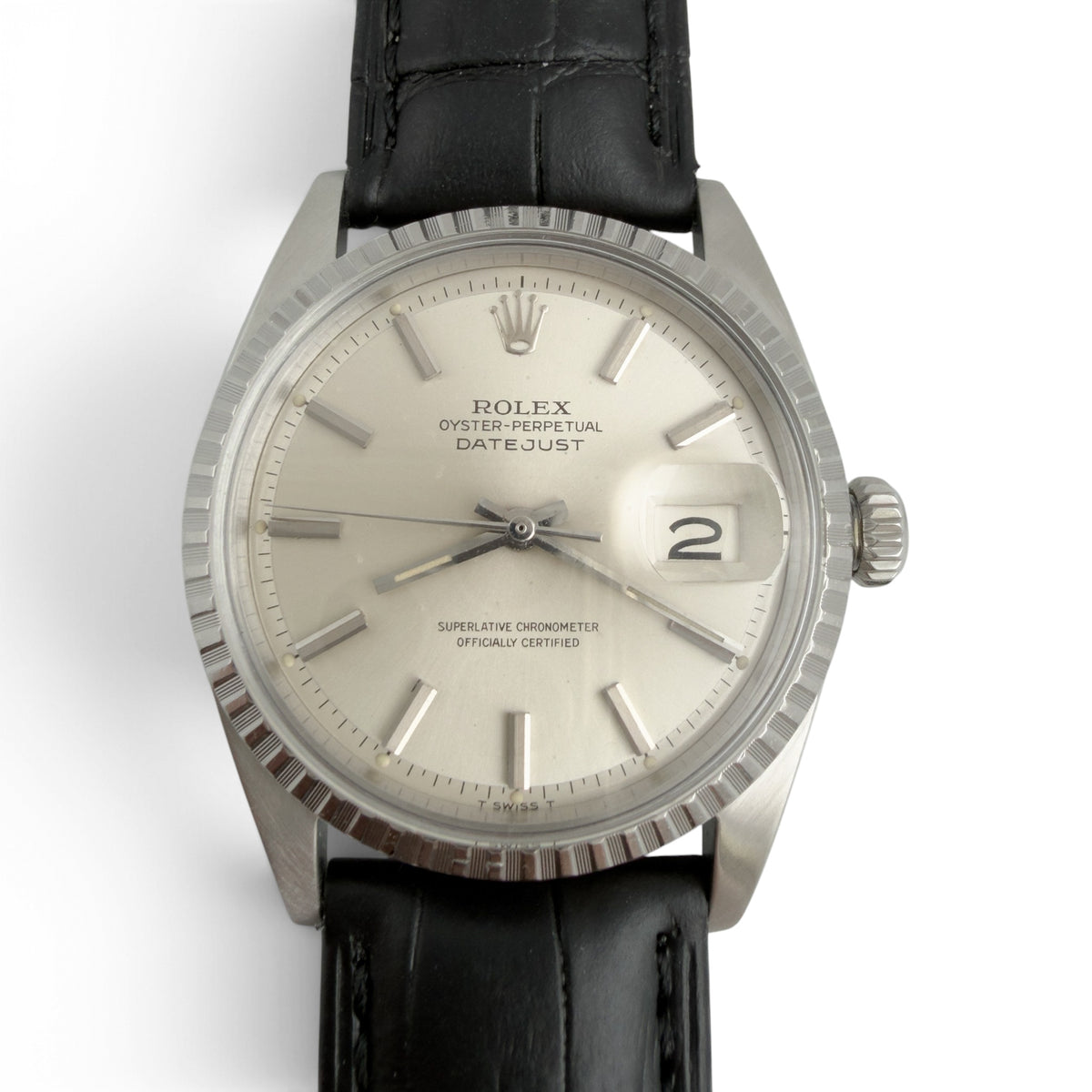 1966 Rolex DateJust 1603 36mm Stainless Steel Watch w/ Black Leather Strap