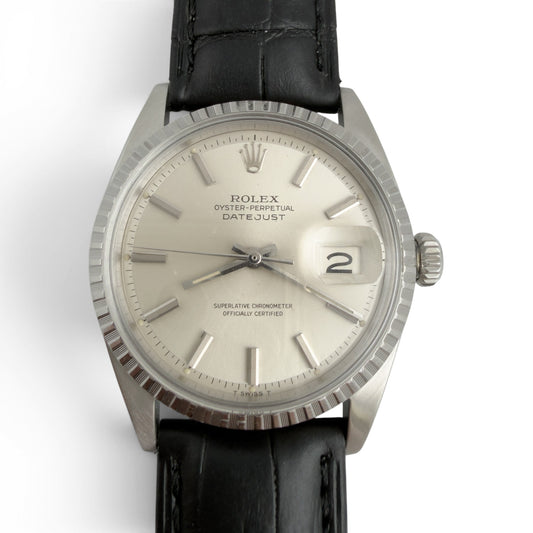 1966 Rolex DateJust 1603 36mm Stainless Steel Watch w/ Black Leather Strap