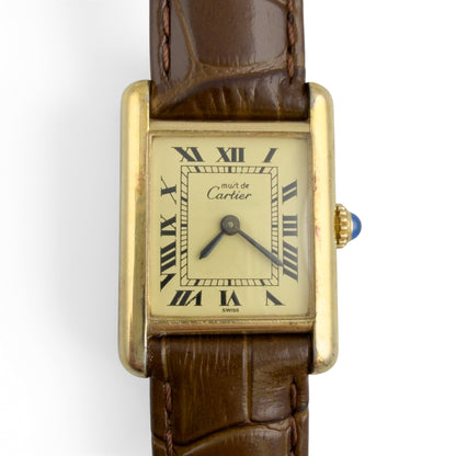 Cartier Tank Vermeil Gold 20mm x 28mm Beige Roman Brown Strap Ladies' Watch