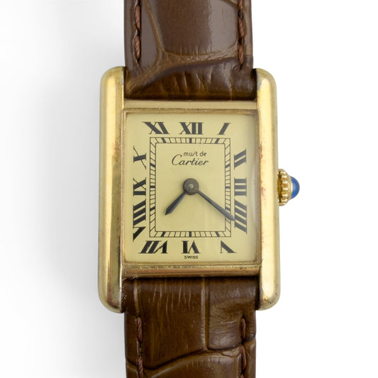 Cartier Tank Vermeil Gold 20mm x 28mm Beige Roman Brown Strap Ladies' Watch