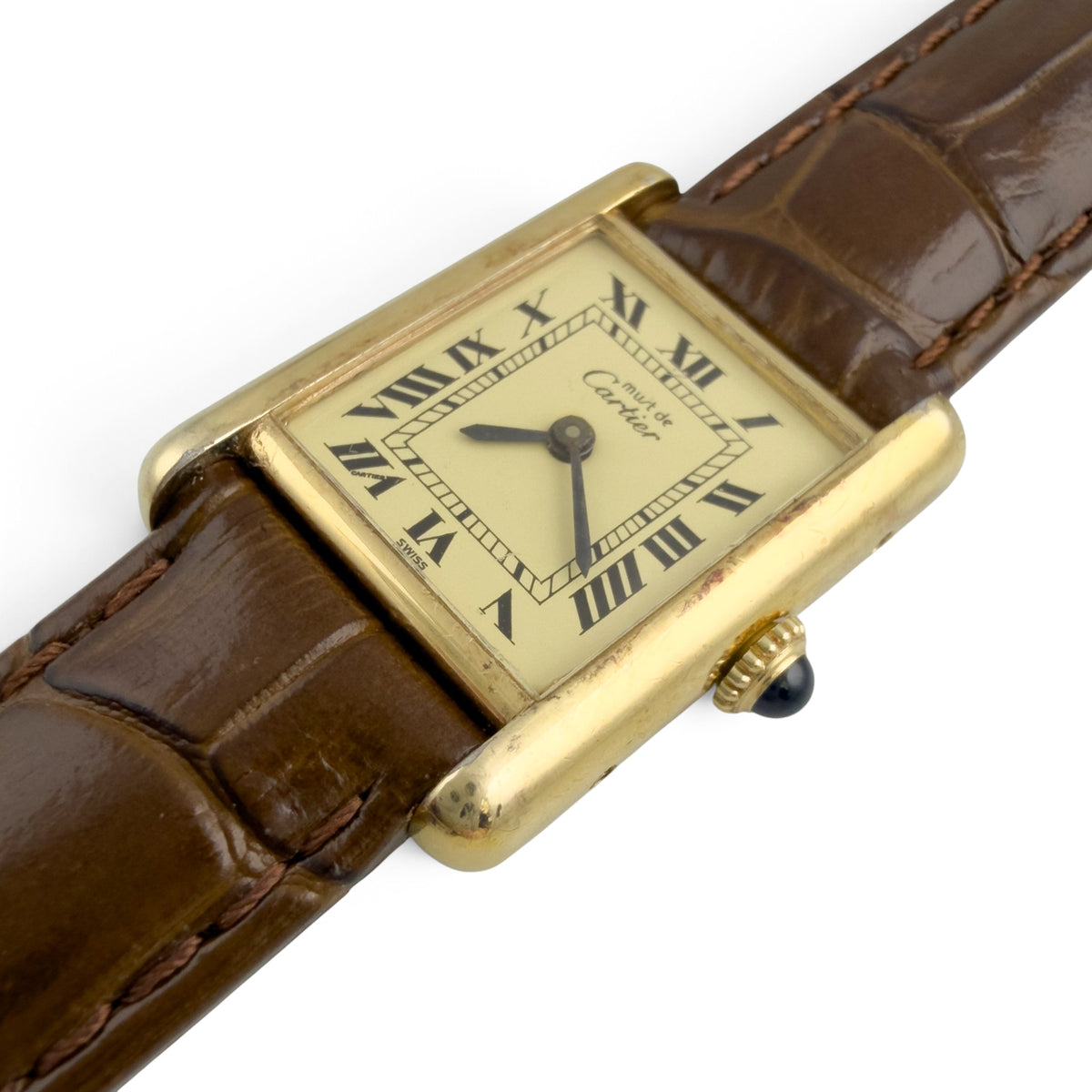 Cartier Tank Vermeil Gold 20mm x 28mm Beige Roman Brown Strap Ladies' Watch