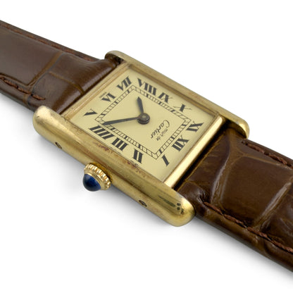 Cartier Tank Vermeil Gold 20mm x 28mm Beige Roman Brown Strap Ladies' Watch