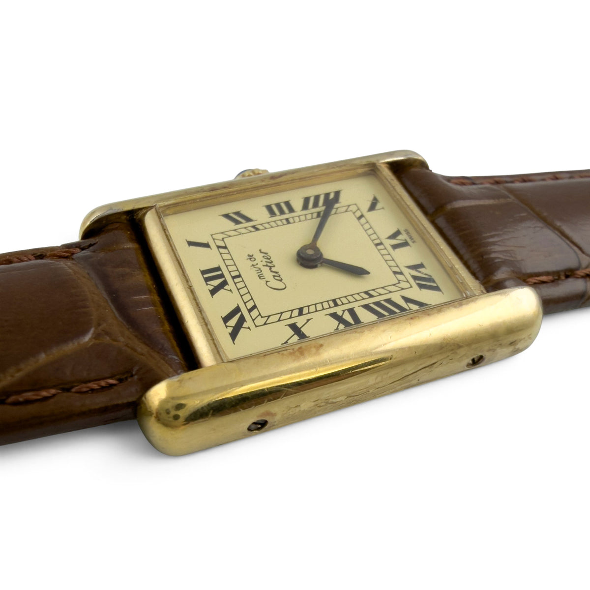 Cartier Tank Vermeil Gold 20mm x 28mm Beige Roman Brown Strap Ladies' Watch