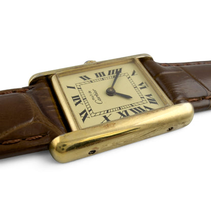 Cartier Tank Vermeil Gold 20mm x 28mm Beige Roman Brown Strap Ladies' Watch