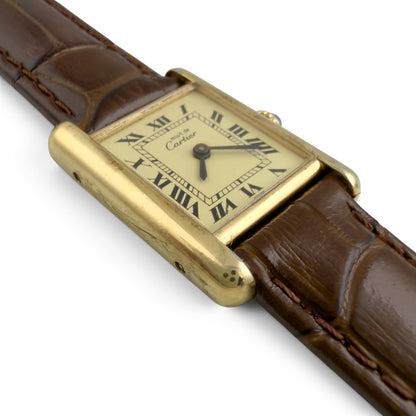 Cartier Tank Vermeil Gold 20mm x 28mm Beige Roman Brown Strap Ladies' Watch