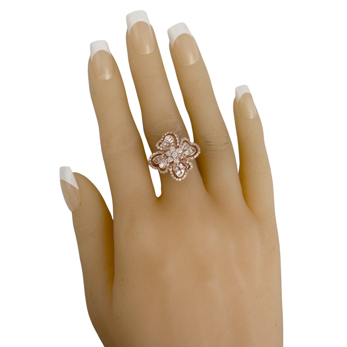 14k Rose Gold Baguette & Round Diamond Flower Cocktail Ring 1.15ctw H-I I1 Sz 8