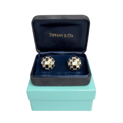 Tiffany & Co. Black Jade & Mother of Pearl 18k Gold Checkerboard Dome Earrings