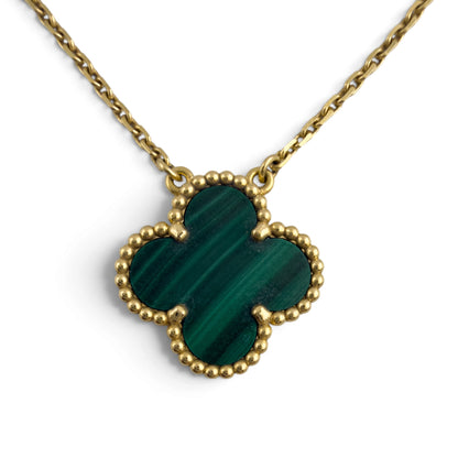 Van Cleef Arpels Malachite Vintage Alhambra 18k Gold Necklace 16.5" BAG BOX CERT