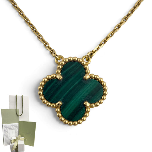 Van Cleef Arpels Malachite Vintage Alhambra 18k Gold Necklace 16.5" BAG BOX CERT