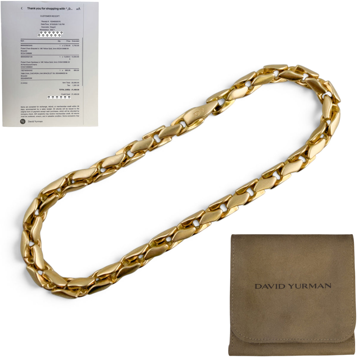 David Yurman Fluted Chain 8.00" Bracelet 18k Yellow Gold, 5mm w/ POUCH & RECEIPT