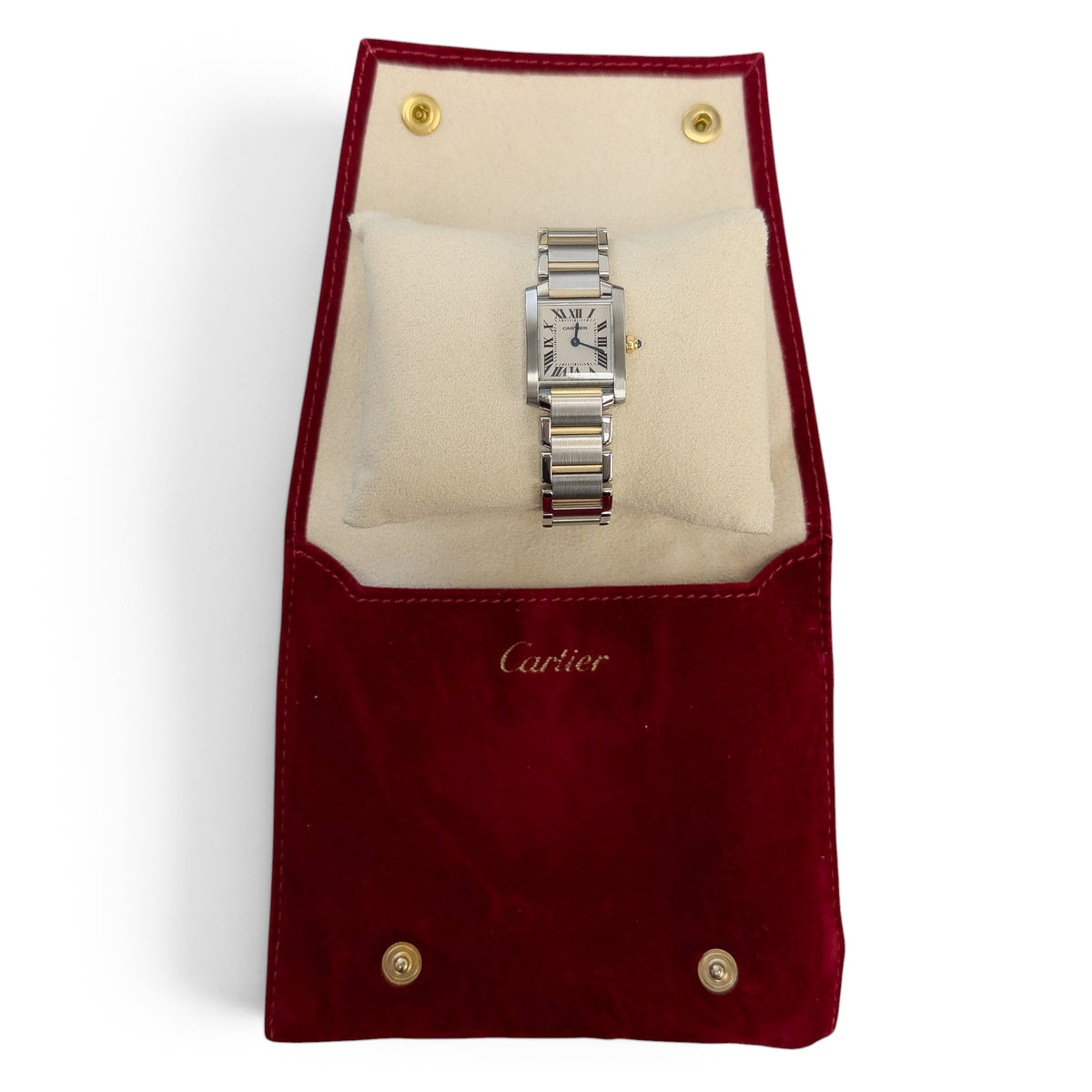 Cartier Tank Francaise 2384 Stainless Steel & 18k Gold 20x25mm White Roman POUCH