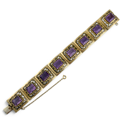 Antique Ornate Filigree Purple Gem 14k Gold Station Bracelet Size 6.5" 49.8g