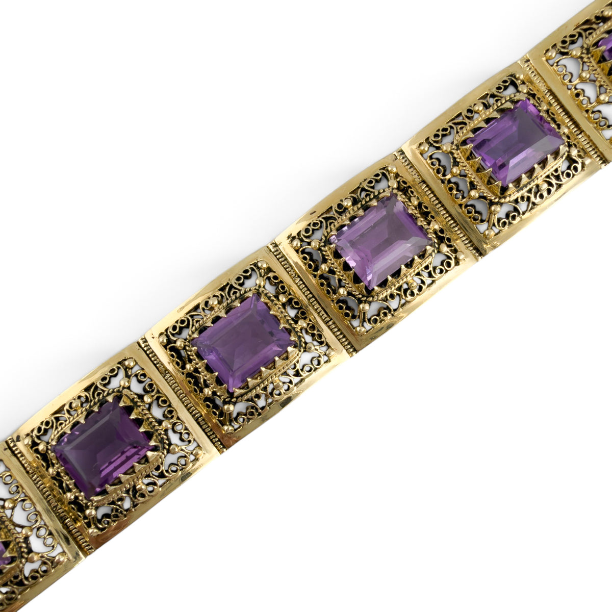 Antique Ornate Filigree Purple Gem 14k Gold Station Bracelet Size 6.5" 49.8g