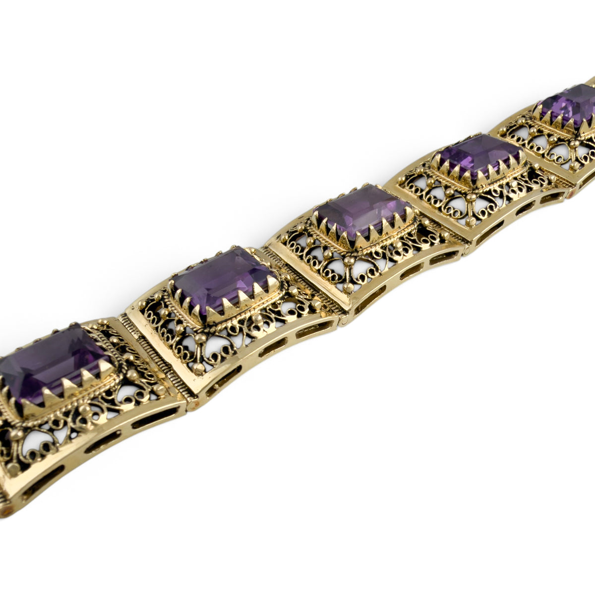 Antique Ornate Filigree Purple Gem 14k Gold Station Bracelet Size 6.5" 49.8g