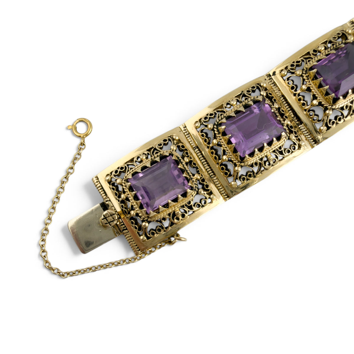 Antique Ornate Filigree Purple Gem 14k Gold Station Bracelet Size 6.5" 49.8g