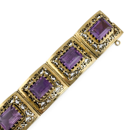 Antique Ornate Filigree Purple Gem 14k Gold Station Bracelet Size 6.5" 49.8g