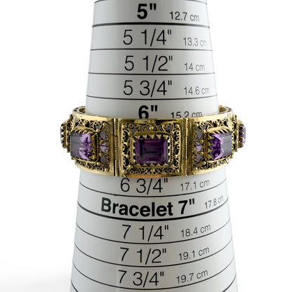 Antique Ornate Filigree Purple Gem 14k Gold Station Bracelet Size 6.5" 49.8g