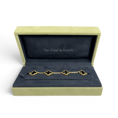 Van Cleef Arpels Onyx 5 Motif Vintage Alhambra 18k Gold Bracelet + BAG BOX CERT