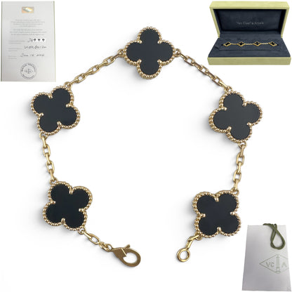 Van Cleef Arpels Onyx 5 Motif Vintage Alhambra 18k Gold Bracelet + BAG BOX CERT