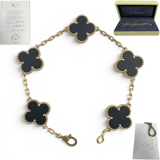 Van Cleef Arpels Onyx 5 Motif Vintage Alhambra 18k Gold Bracelet + BAG BOX CERT