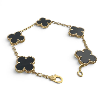 Van Cleef Arpels Onyx 5 Motif Vintage Alhambra 18k Gold Bracelet + BAG BOX CERT