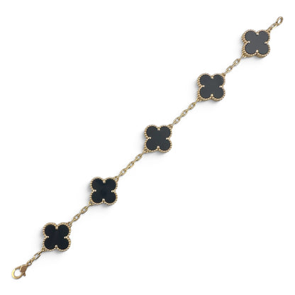 Van Cleef Arpels Onyx 5 Motif Vintage Alhambra 18k Gold Bracelet + BAG BOX CERT