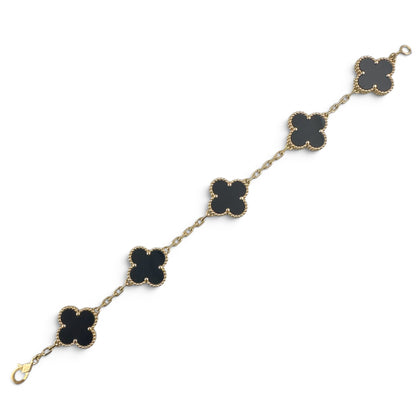 Van Cleef Arpels Onyx 5 Motif Vintage Alhambra 18k Gold Bracelet + BAG BOX CERT
