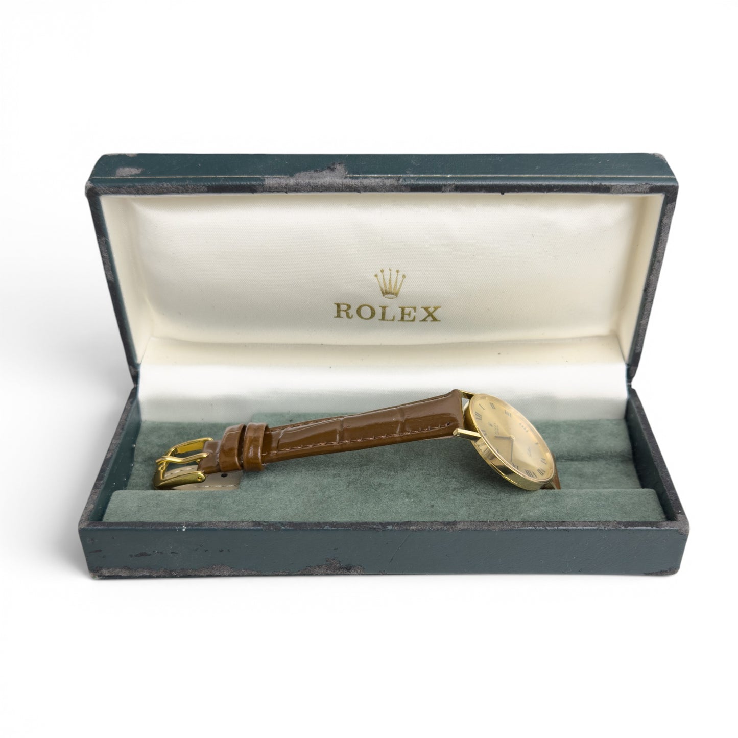 Rolex Cellini 3833 18k Yellow Gold Champagne 31mm Brown Strap Round Watch BOX