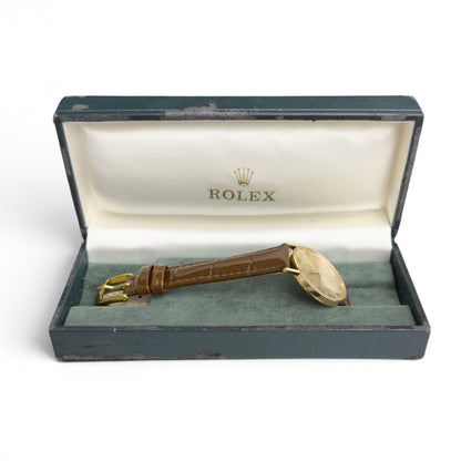 Rolex Cellini 3833 18k Yellow Gold Champagne 31mm Brown Strap Round Watch BOX