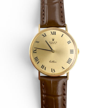 Rolex Cellini 3833 18k Yellow Gold Champagne 31mm Brown Strap Round Watch BOX