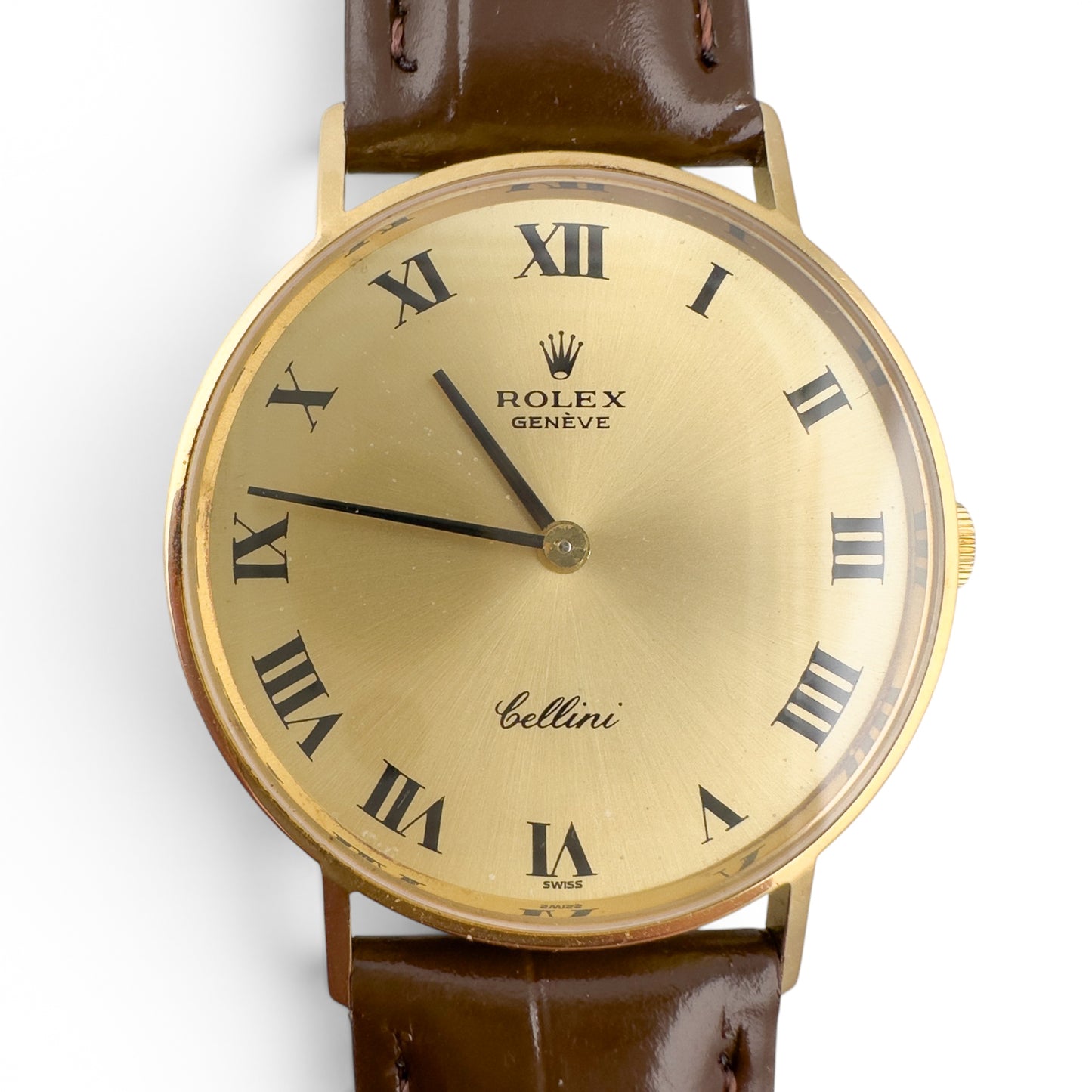 Rolex Cellini 3833 18k Yellow Gold Champagne 31mm Brown Strap Round Watch BOX