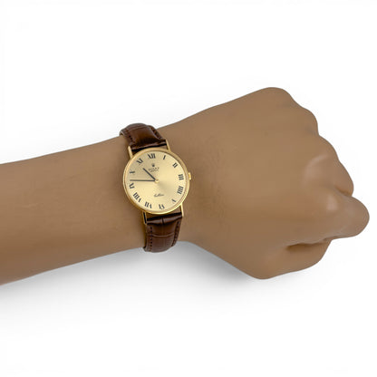 Rolex Cellini 3833 18k Yellow Gold Champagne 31mm Brown Strap Round Watch BOX