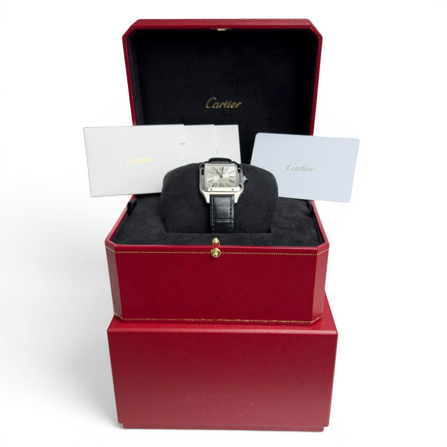 Cartier Santos Dumont 4240 WSSA0085 Steel Silver Roman Blue Strap BOX + PAPERS
